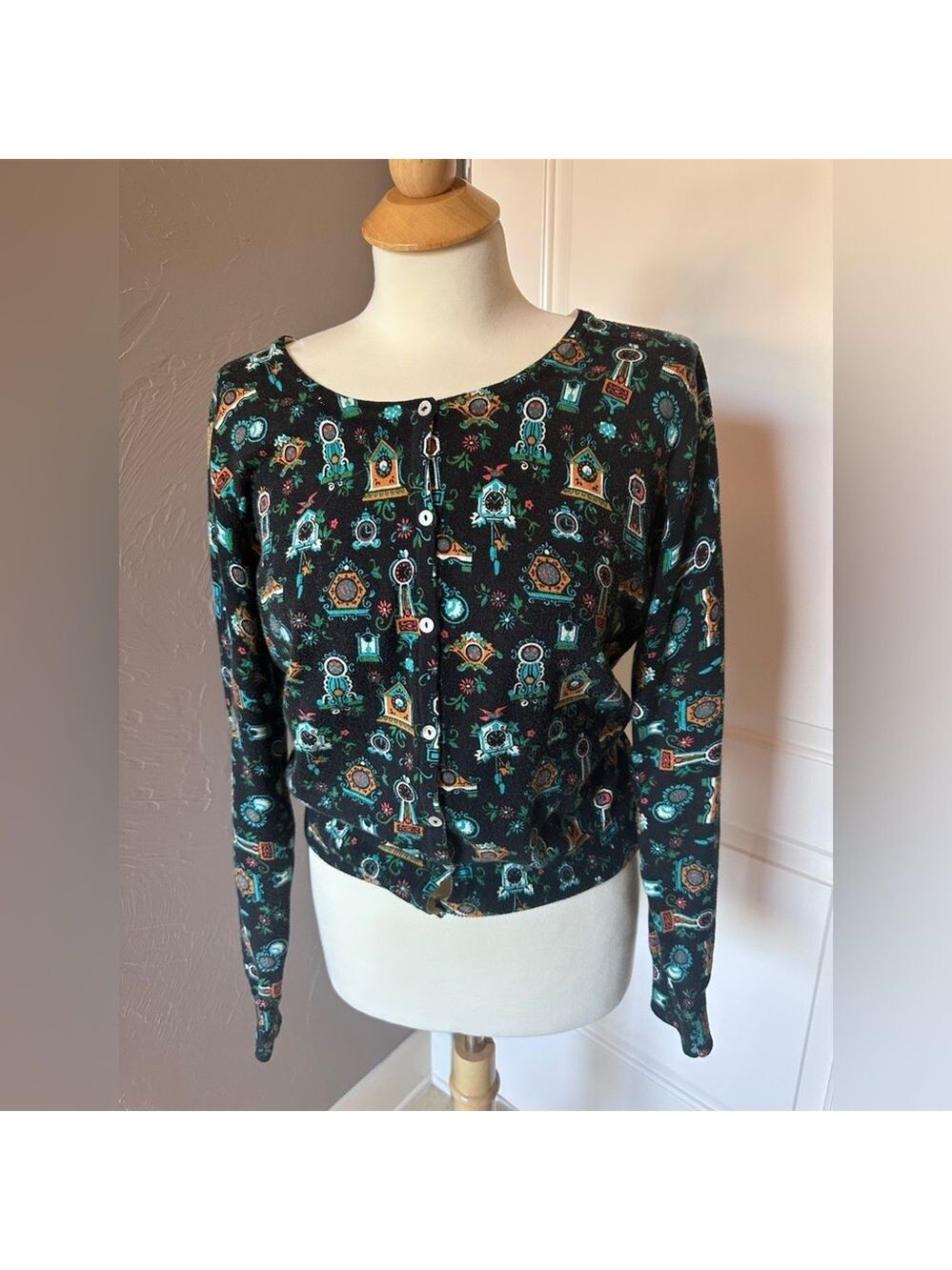 Louie Lucie 100% Cotton Multi-Color Clocks Button-Up Cardigan – Size M – Retro